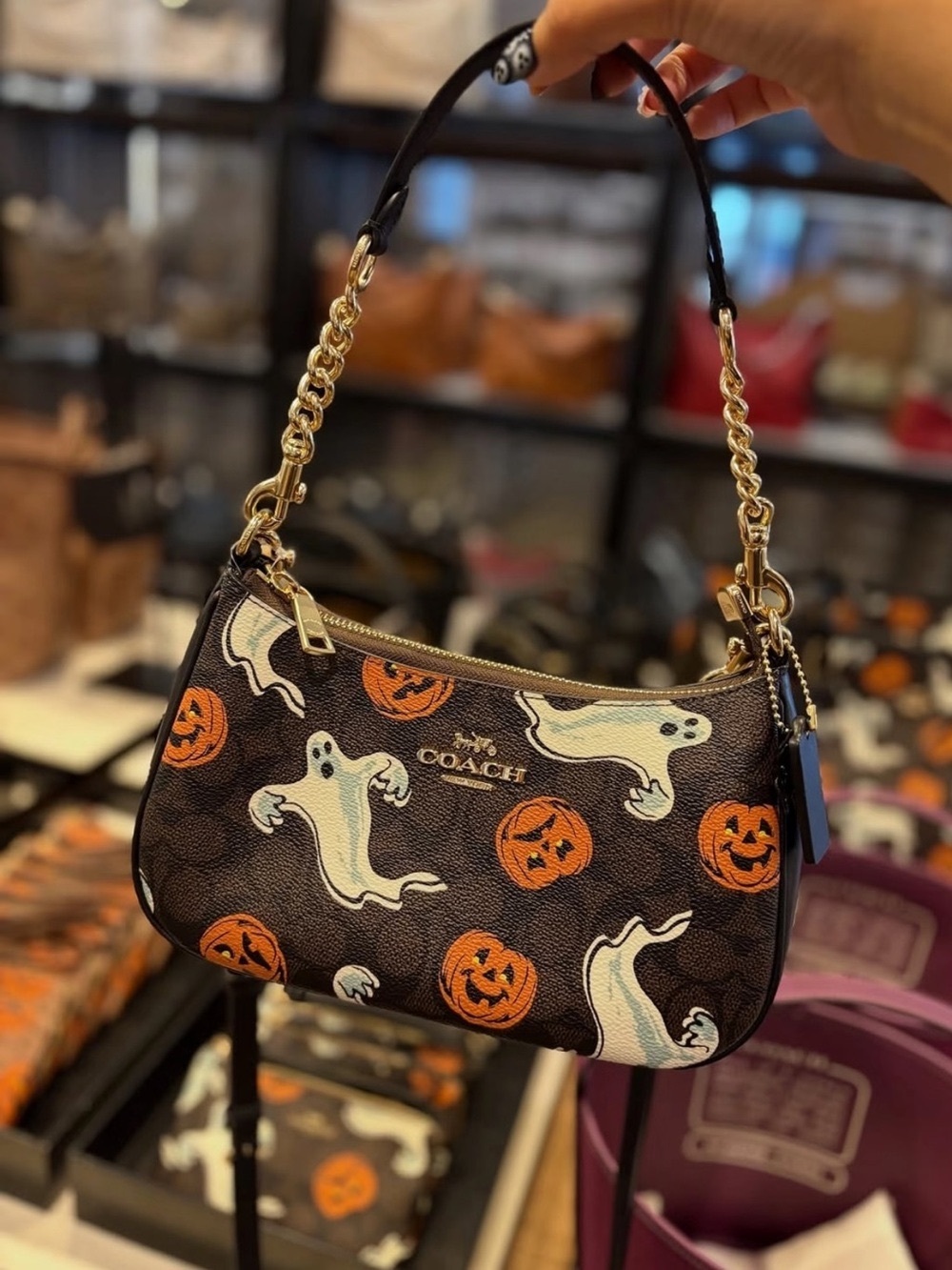 Coach Black Mini Shoulder Bag with White Ghosts and Orange Pumpkins
